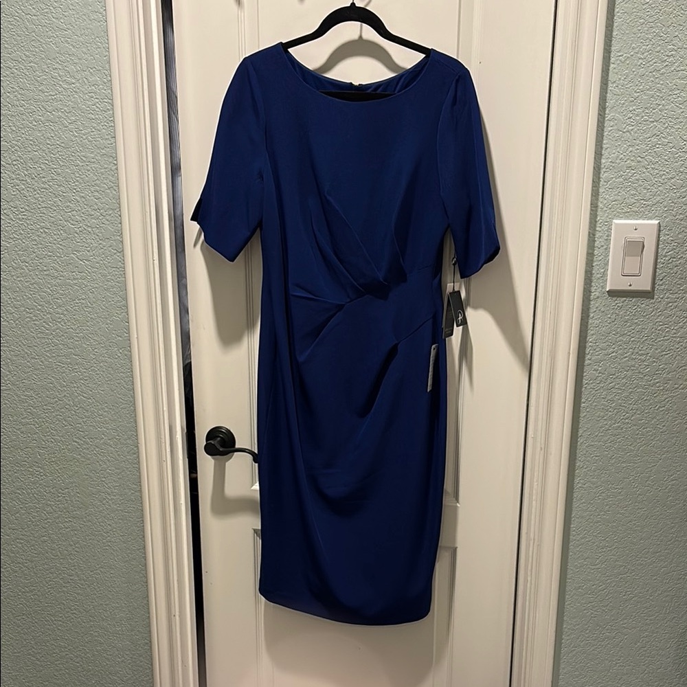 Adrianna Papell Blue Ruched Sheath Midi Dress